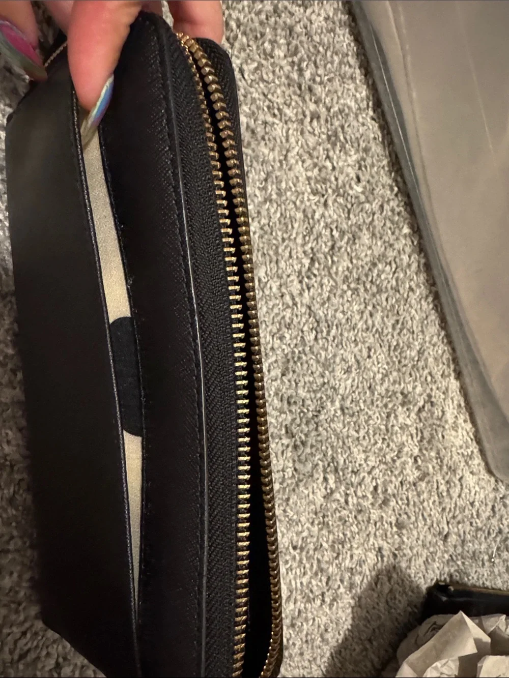 kate spade Black Leather Zip Wallet with Gold Logo